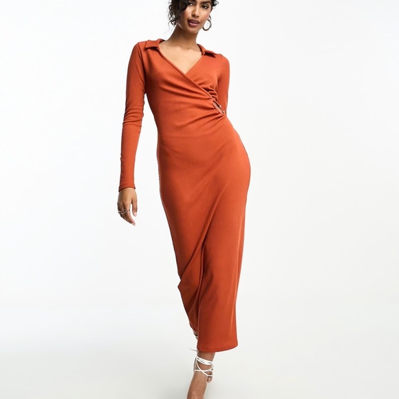 ASOS Brown Ribbed Bodycon Dress with Asymmetrical Neckline - Picture 2 of 9